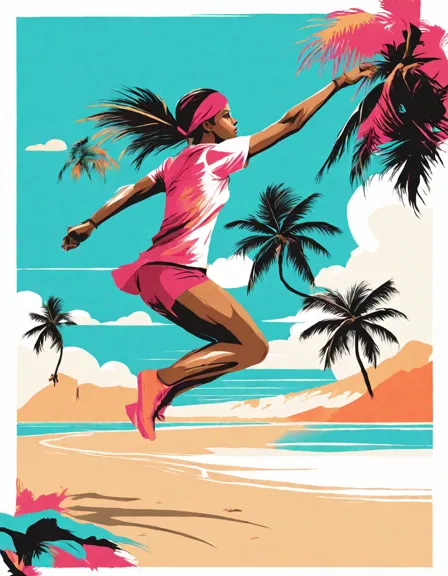 Coloring book image of tropical beach volleyball game with players leaping and diving on white sands under a colorful sunset sky in color