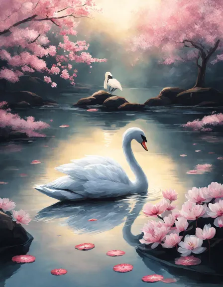 tranquil garden scene with cherry blossoms falling, reflective pond, and graceful swan gliding on water - coloring book illustration in color