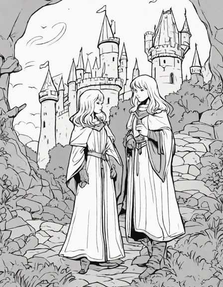 coloring page featuring wizards and knights preparing for battle with a mystical castle background in color