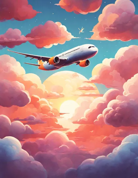 coloring page of airplane flying above clouds with sun, inviting creativity in coloring sky hues in color